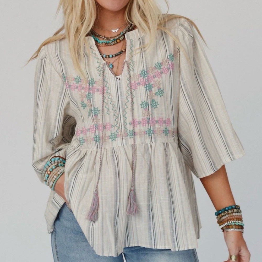 Easel Boho Embroidered Blouse in Cream and Pink
